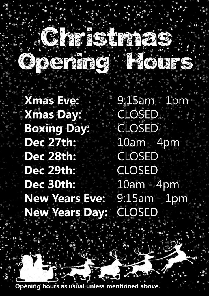A plain black background with white snow fall, and a silhouette of Santa Claus with his sleigh and reindeers, overlaid with amended Christmas opening hours.