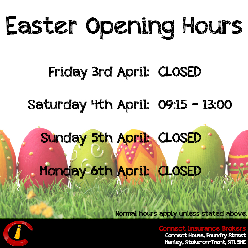 A row of decorated eggs sit upon grass at the bottom of the image, with the amended Easter opening times overlaid above.