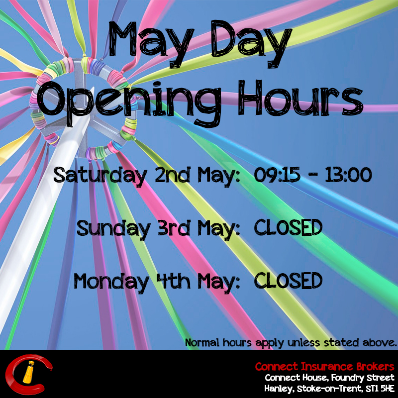 A clear blue sky provides the backdrop for a Maypole with pastel coloured strands. The amended May Day opening hours are overlaid.
