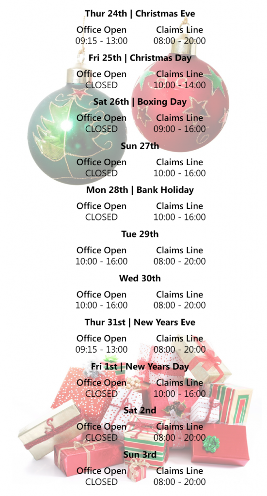 A pile of presents at the bottom of the image, with two baubles, one red and one green, dangling from the top. The amended Christmas opening hours are overlaid.