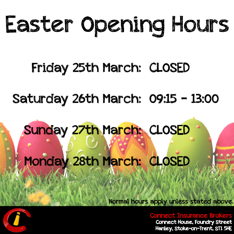 A row of decorated eggs sit upon grass at the bottom of the image, with the amended Easter opening times overlaid above.
