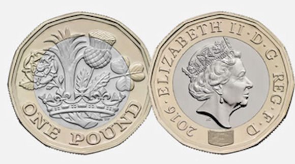 The new one pound coin; both sides displayed against a white background,