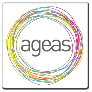 A square tile bearing the company logo of Ageas