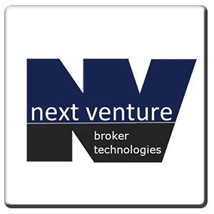A square tile bearing the company logo of Next Venture