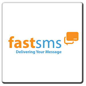A square tile bearing the company logo of FastSMS
