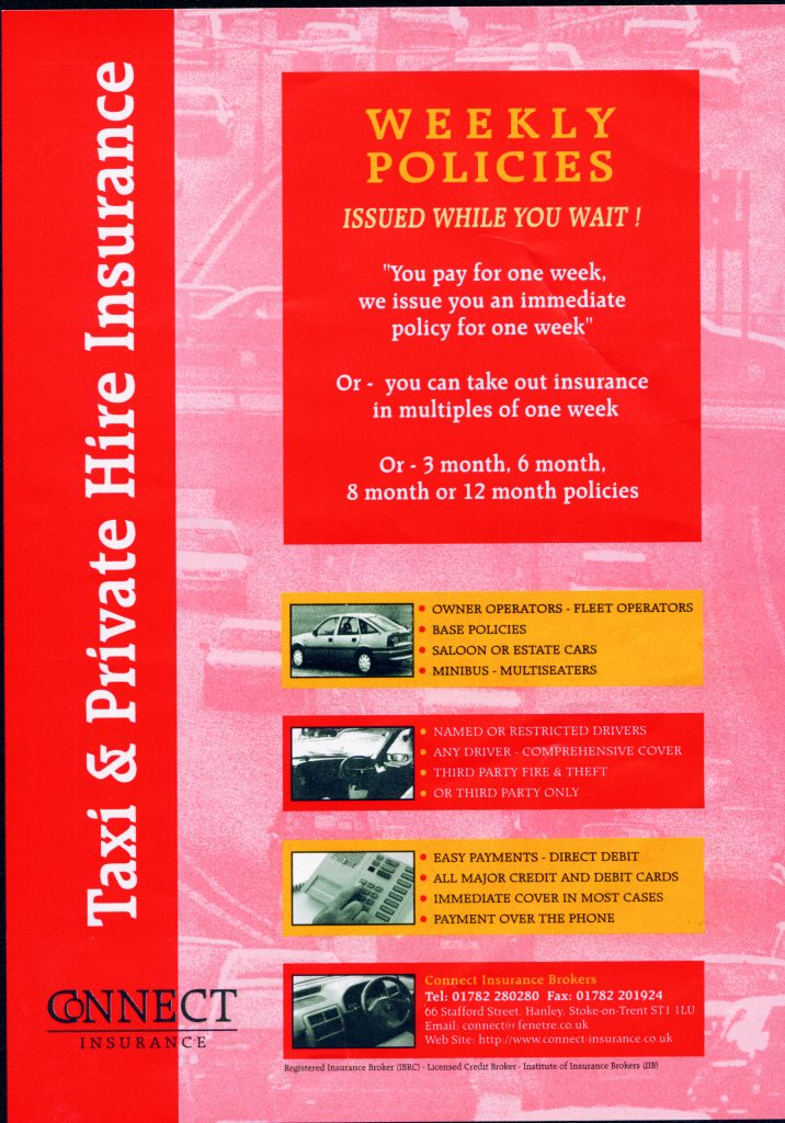A flyer advertising weekly insurance taxi policies